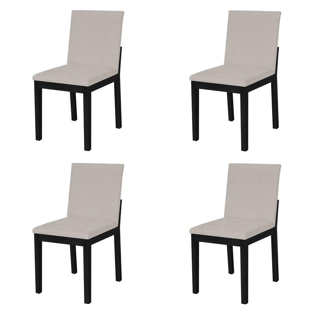Miniatura Kit 4 Cadeiras De Jantar Pérola Estofado Liso Linho Bege Base Madeira Maciça Preto