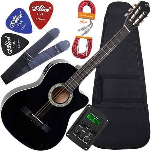 Miniatura Kit Completo Violão Giannini Flat Eletroacústico Sf14 Ceq Bk