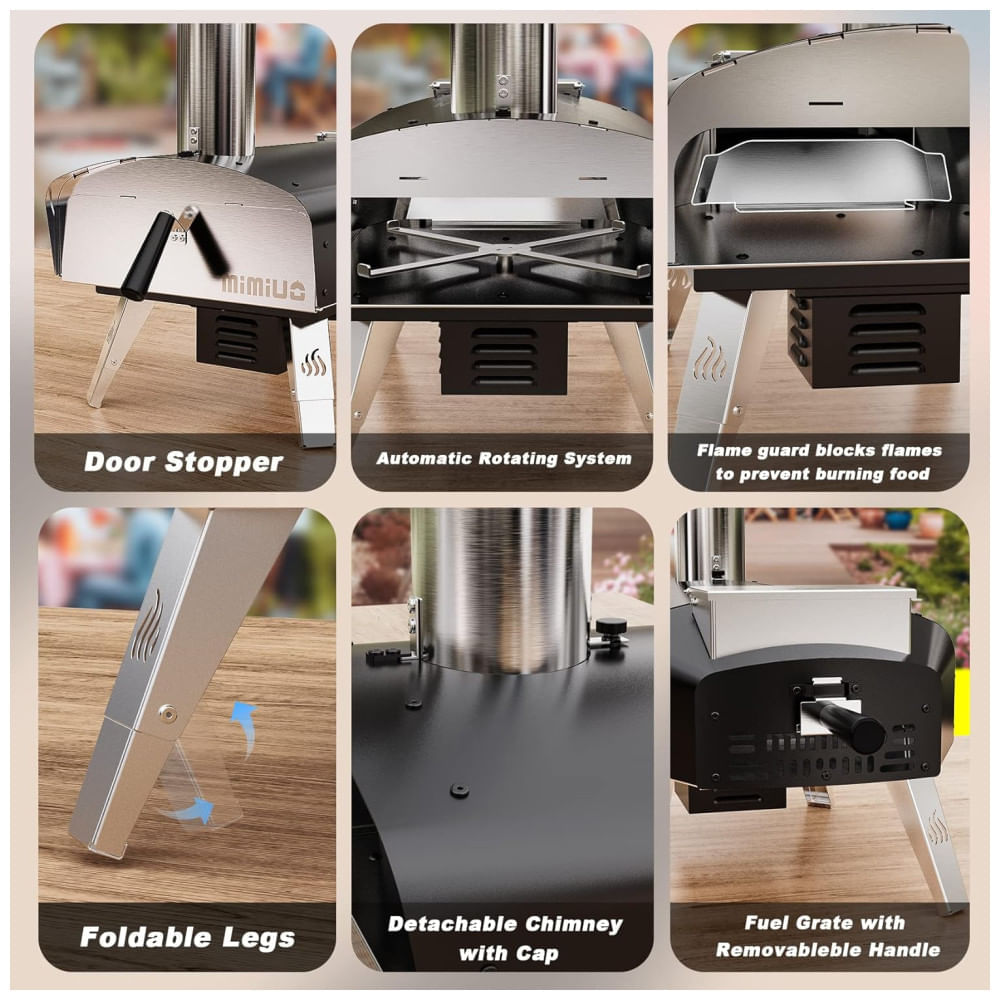 Miniatura Forno a Lenha Externo Portátil com Rotação Automática e Pedra para Pizza, Mimiuo, Preto 110v