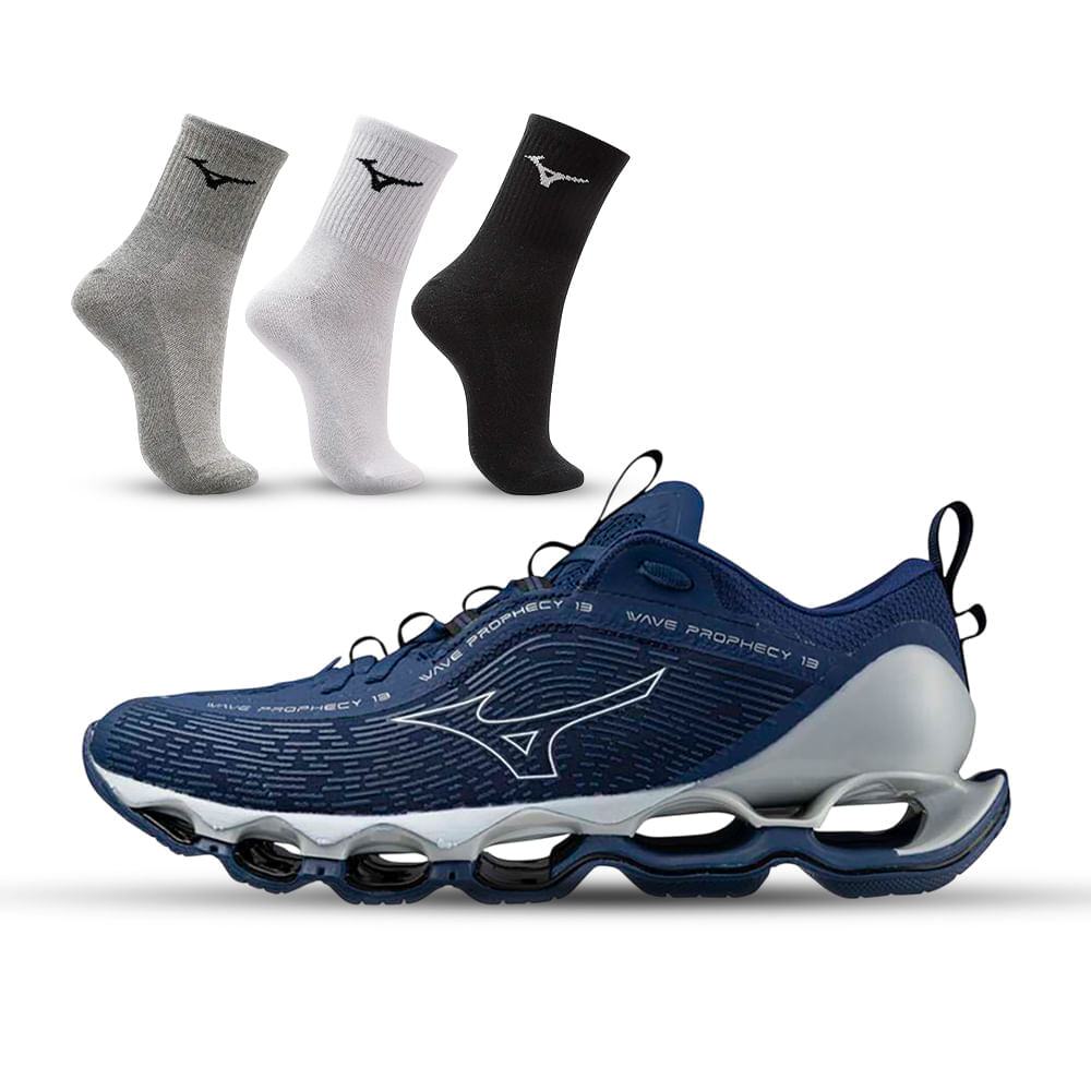 Miniatura Kit 1 Tênis Masculino Mizuno Wave Prophecy 13 e 3 Pares de Meia Cano Médio Azul - 39