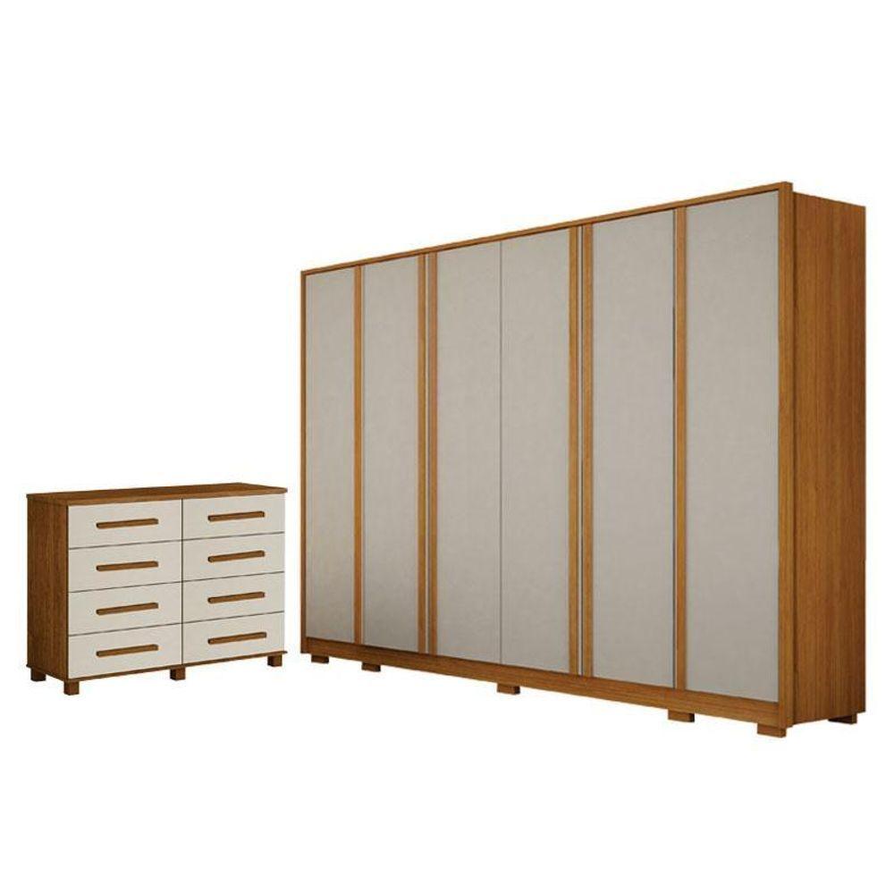 Miniatura Guarda Roupa Casal Ares 6 Portas Cinamomo Off-white Com Cômoda San Marino 8 Gavetas Cinamomo Off-white - Leifer