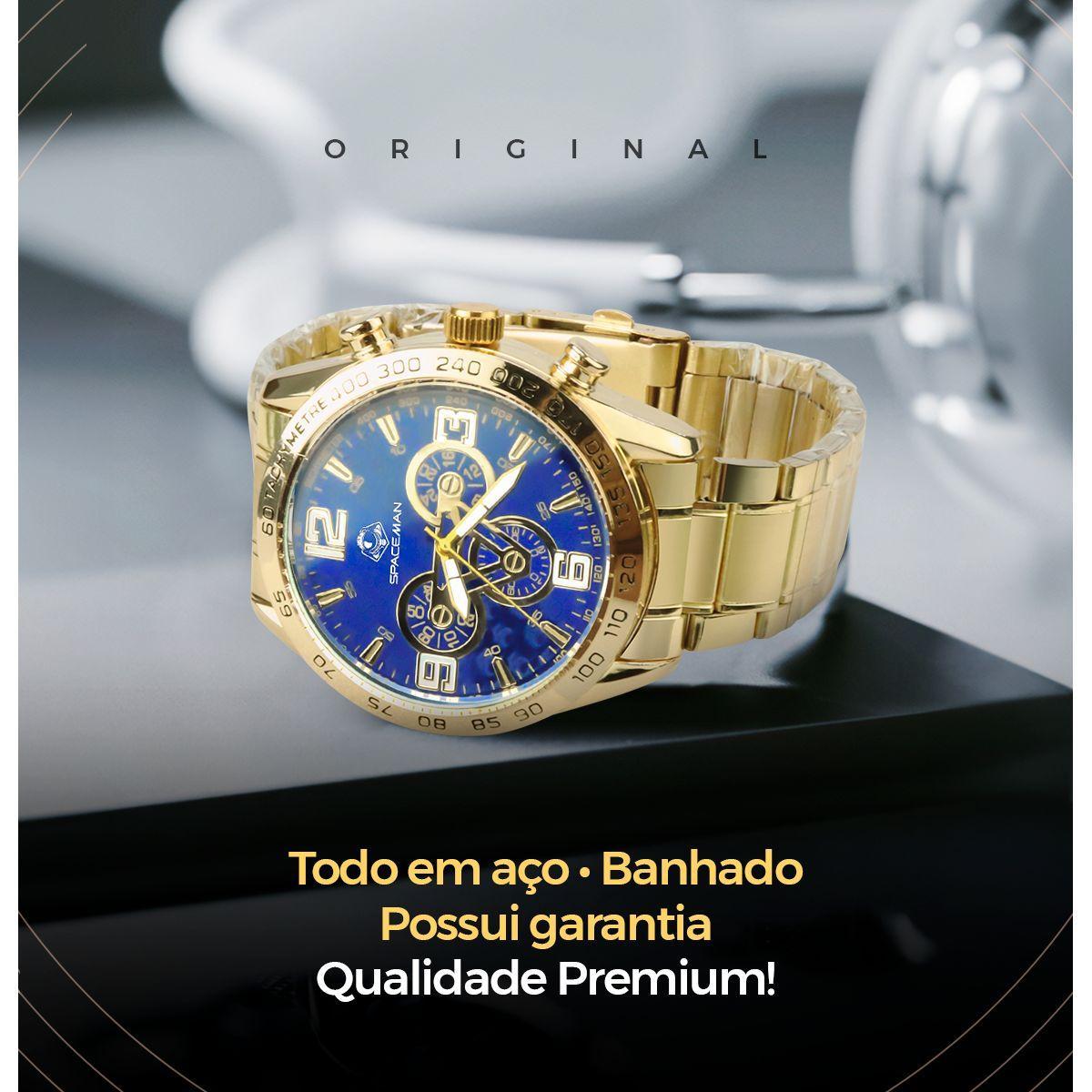 Relogio Masculino Dourado Prova Dagua + Crucifixo + Pulseira