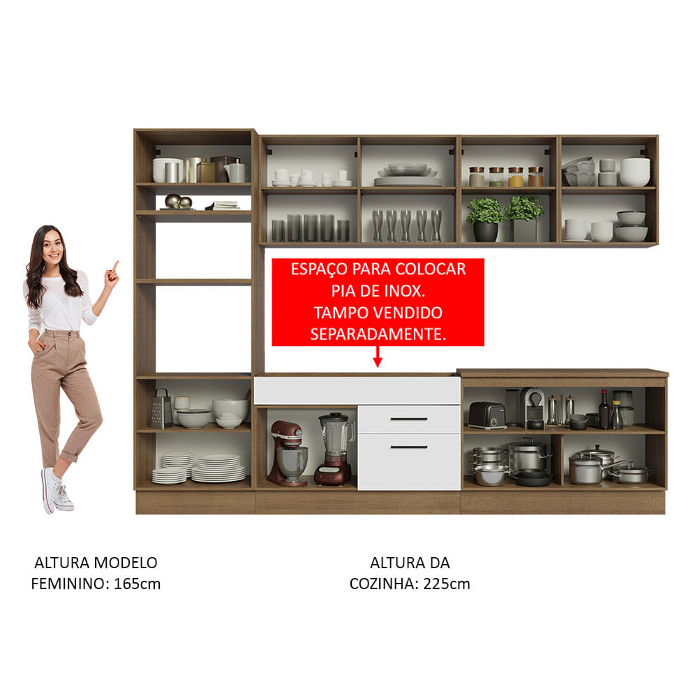 Armário de Cozinha Completa 310cm Rustic/Branco Agata Madesa 02 Cor:Rustic/Branco