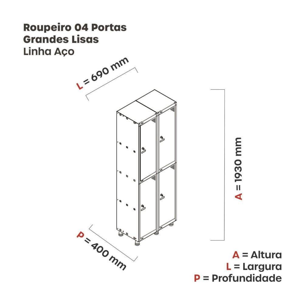 Miniatura Guarda Volume Roupeiro 4 Portas Aço GRP 502/4 Pandin Móveis Preto