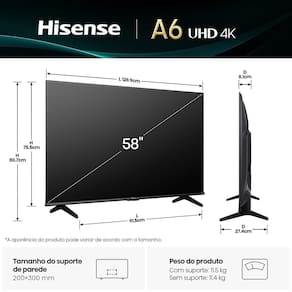 Smart TV 58” Hisense 58A6NV DLED 4K UHD HDR10+ Dolby Vision Controle por Voz Alexa AirPlay