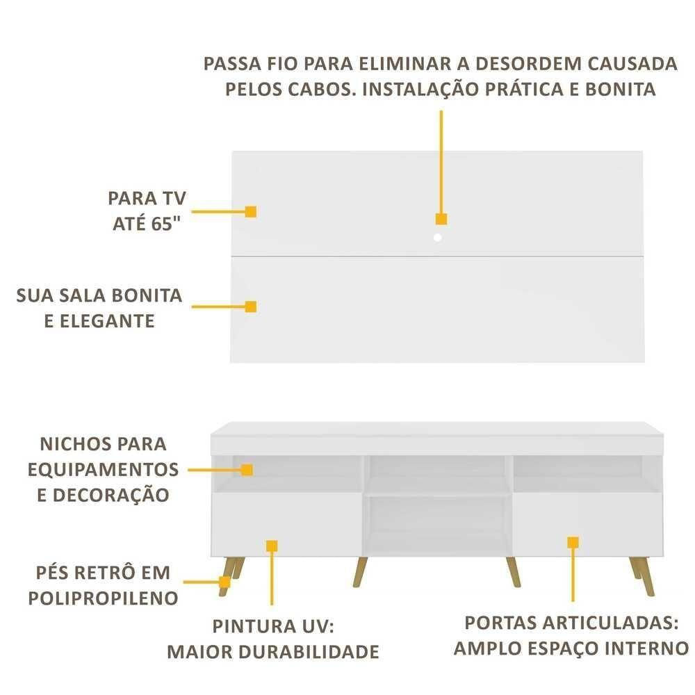 Miniatura Rack Com Painel Tv 65" Retrô Flórida Multimóveis V3133 Branco/Natural Branco/Natural