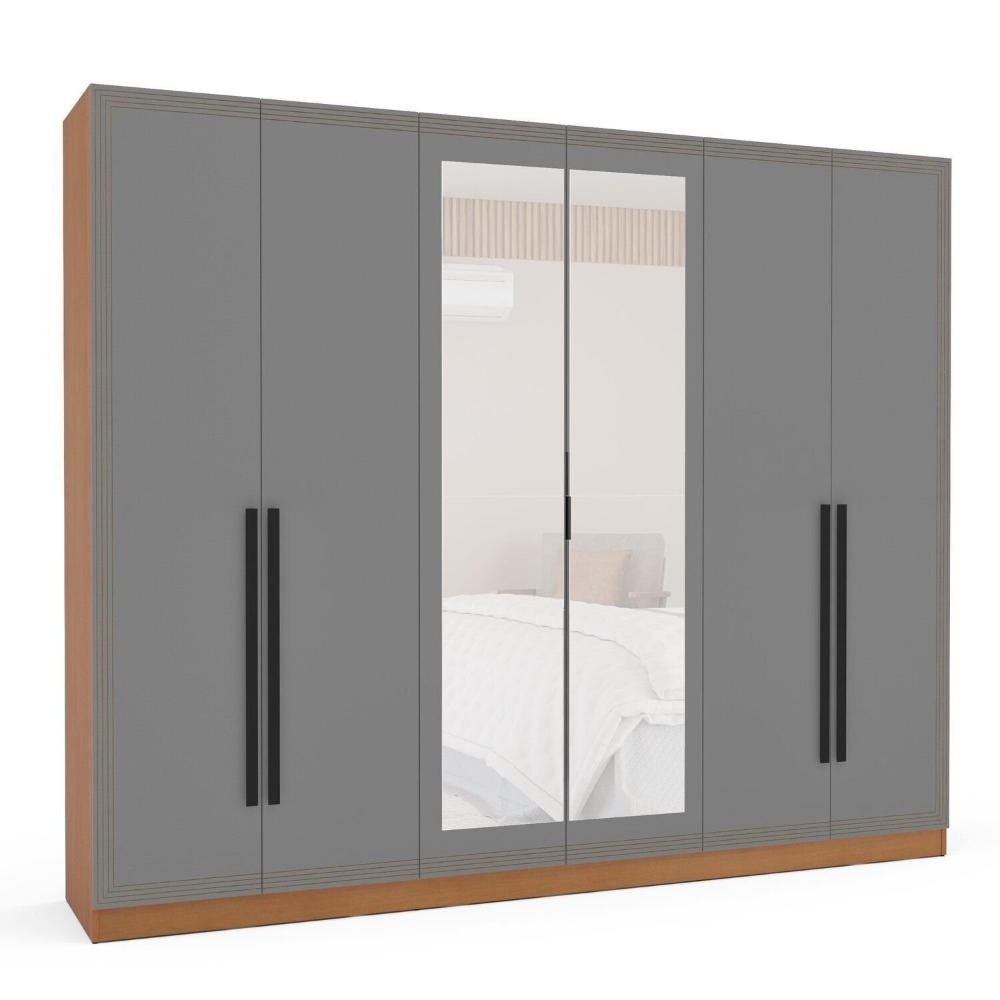Miniatura Guarda Roupa 6 Portas e 4 Gavetas com Espelho Valência Freijó/Cinza