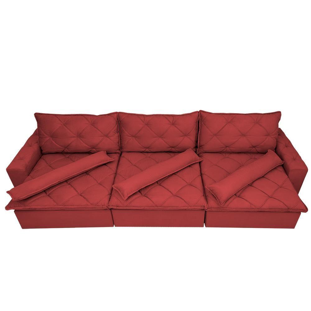 Sofá Lisboa 3,82m Retrátil, Reclinável, Molas No Assento E Almofadas Lombar Tecido Suede Vermelho