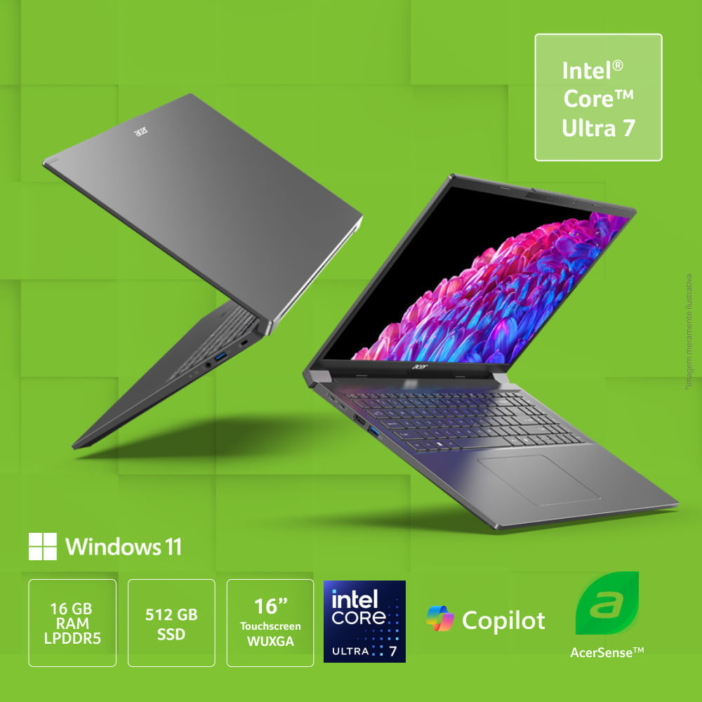 Miniatura Notebook Acer Aspire 16 A16-71MT-75ZS Intel® Core™ Ultra 7 155U 16GB RAM 512GB SSD W11 16” WUXGA touchscreen