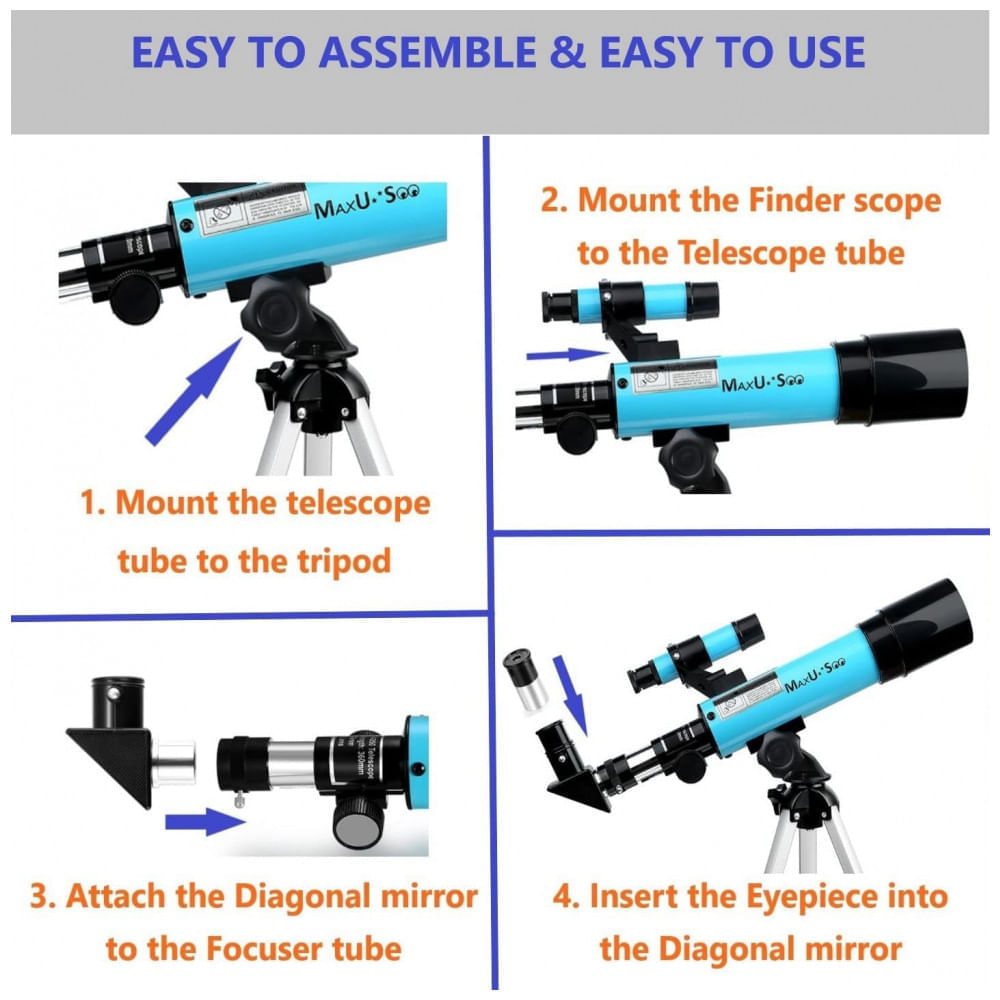 Miniatura Telescópio Astronômico 8x21 com Binóculos HD, Mira Finder e 3 Oculares, MaxUSee F36050, Azul Claro