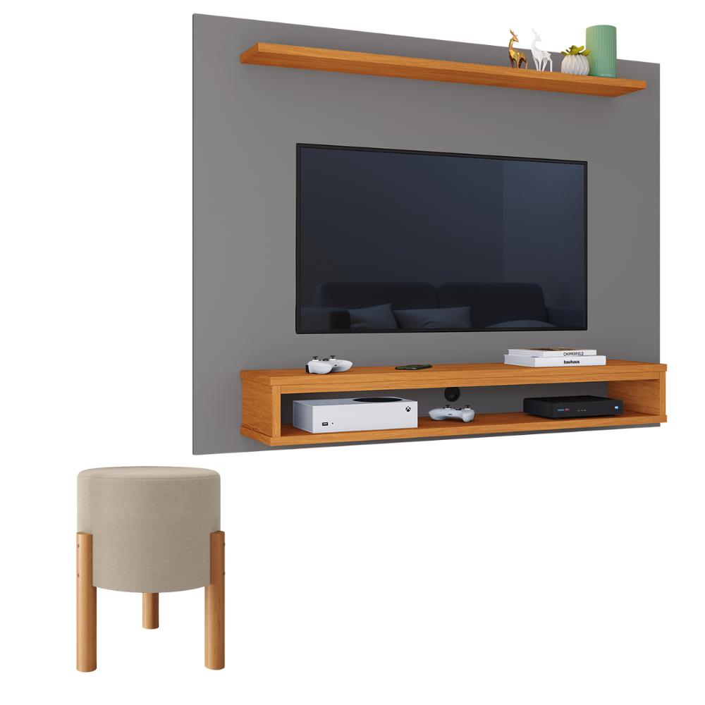 Miniatura Estante Painel Sala Quarto TV 48 Polegadas Nairobi Ripado Cinza Cinamomo e Puff Banqueta Estofado Assento Confortável Pés Retrô Thor Bege