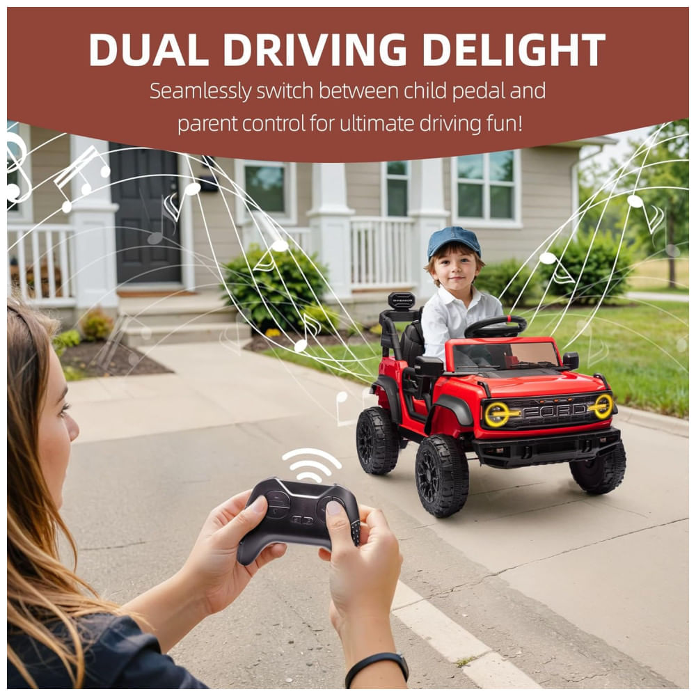 Miniatura Carro Elétrico Infantil 12V, Ford Bronco 1 Assento, com Controle Remoto, Suspensão nas 4 Rodas, Música via Bluetooth, First Ride On, Vermelho 110v