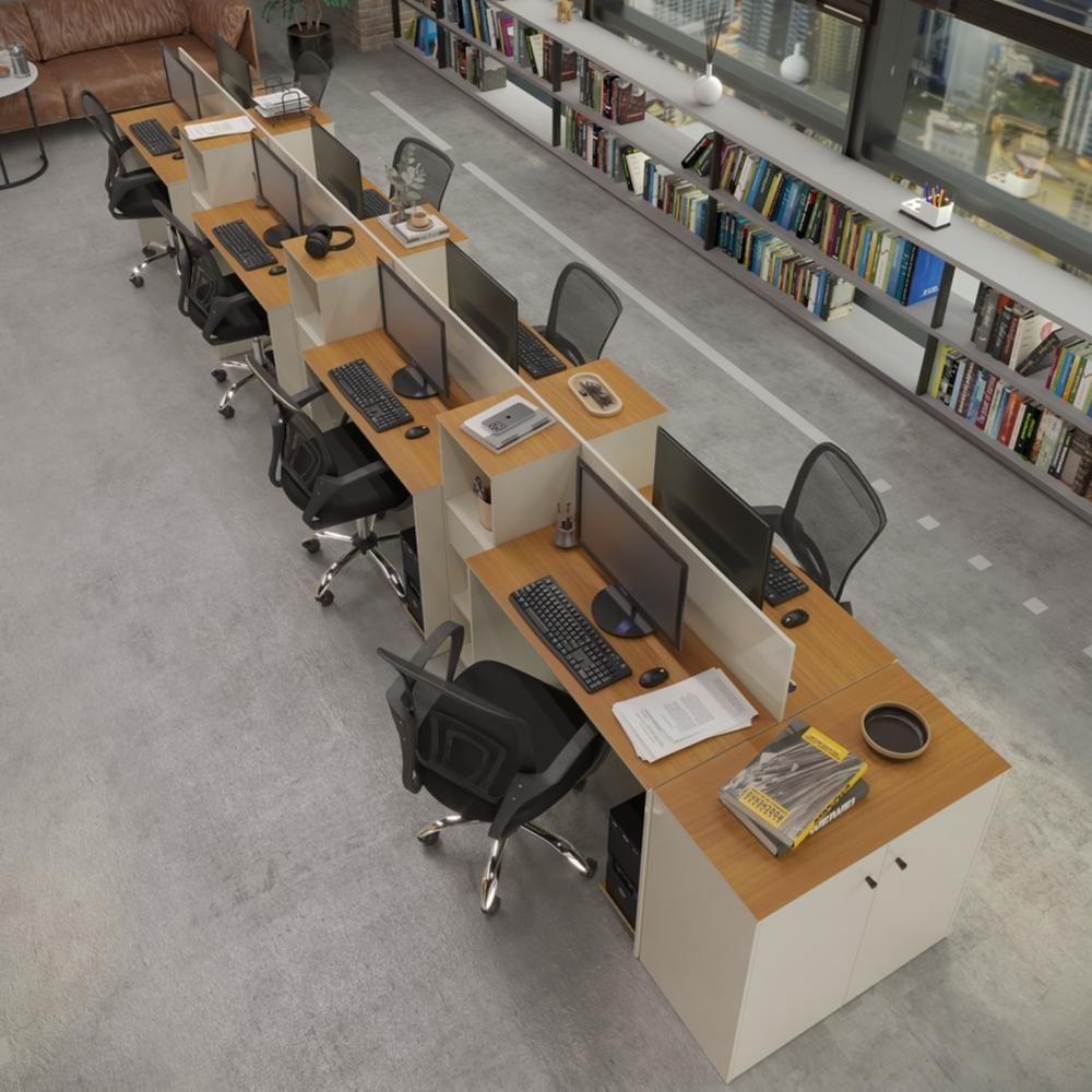 Miniatura Estação De Trabalho 8 Lugares Smart Office 8 Mesas 6 Armários 1 Aparador Off White E Cedro