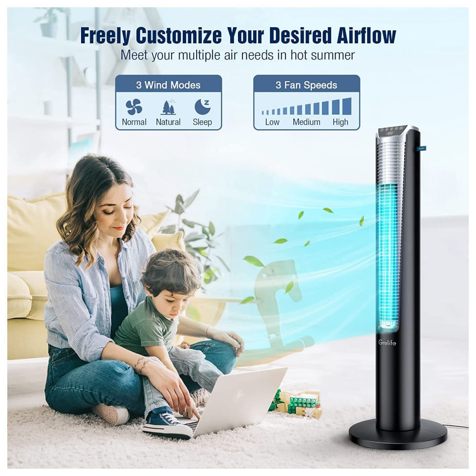 Ventilador de Torre Grelife com Controle Remoto, 3 Modos e Temporizador de 12 Horas, 110V Preto
