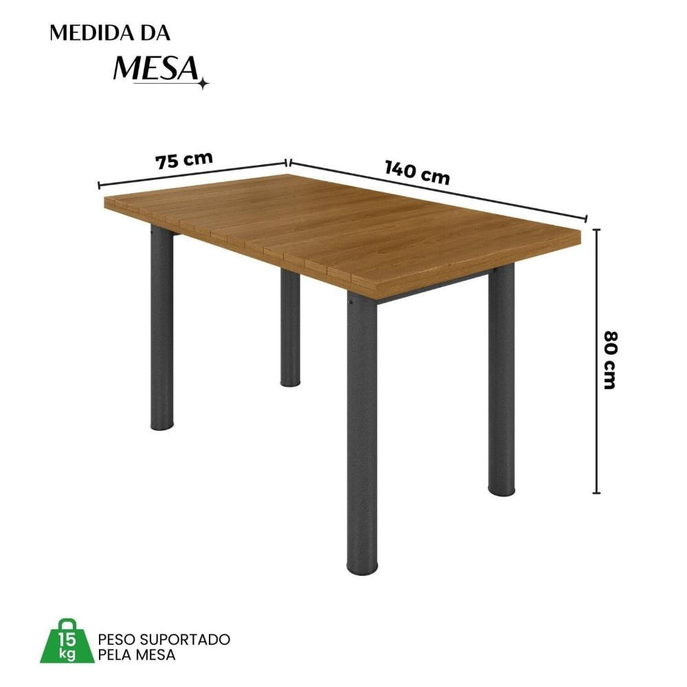 Miniatura Mesa Retangular Tampo Madeira Maciça Ripado 140x75cm Base Tubo 3" Madeira Maciça/Preto