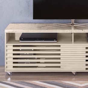 Miniatura Rack Madetec Cross com 182cm de Largura, 2 Portas e Nicho, Ideal para TV de Até 65” Calacata/Off White