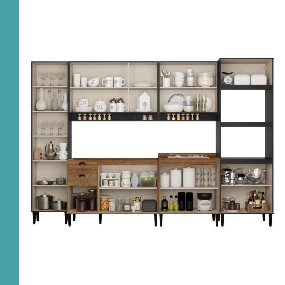 Miniatura Armário De Cozinha Completa C/ Balcão Lótus Look Carraro Freijó Com Preto Touch