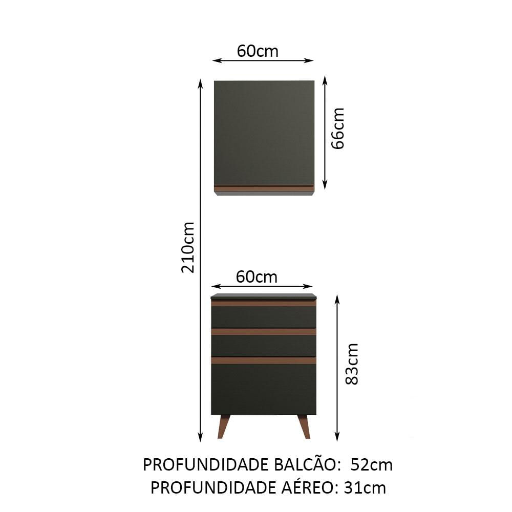 Miniatura Kit Armário de Cozinha Aéreo e Balcão com 3 Gavetas 60 cm Preto Reims Madesa Preto