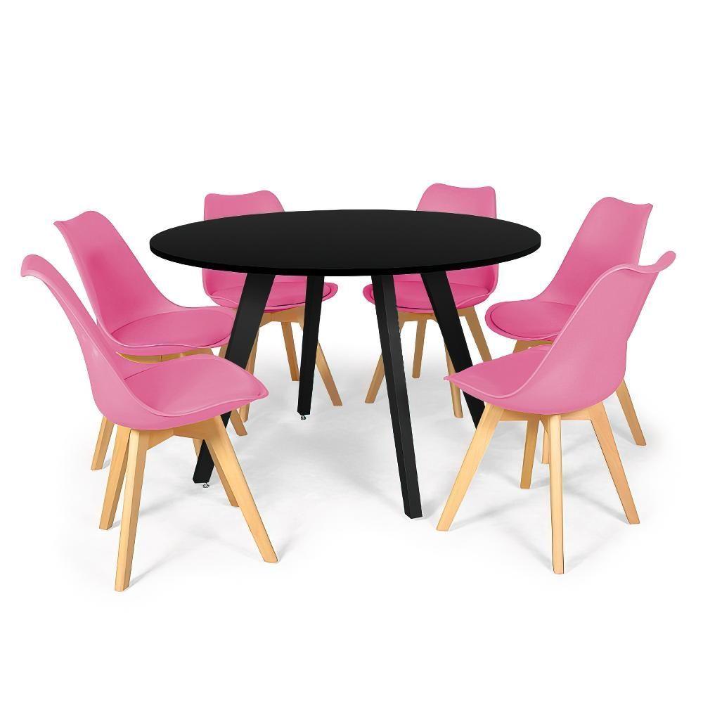 Miniatura Conjunto Mesa De Jantar Redonda Amanda Preta 120cm Com 6 Cadeiras Eiffel Leda - Rosa