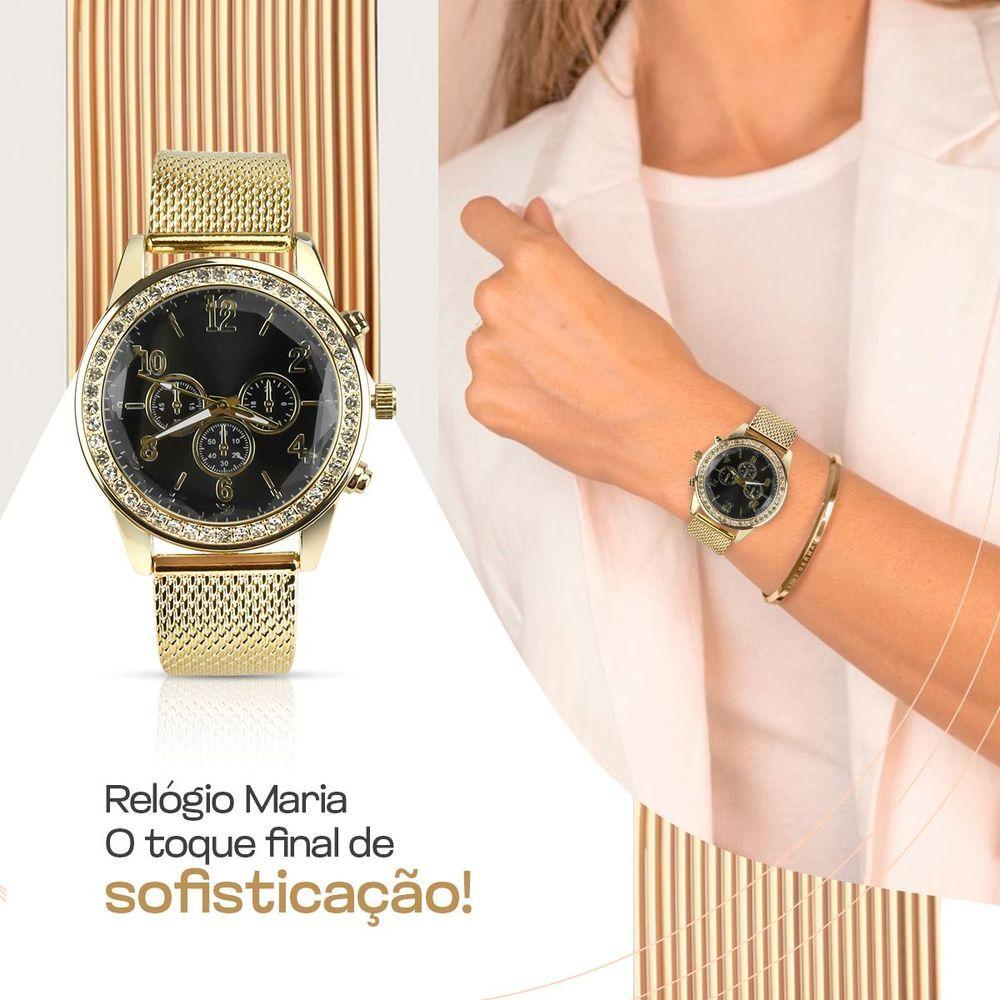 Miniatura Relogio Feminino Strass Dourado + Pulseira + Brincos + Colar