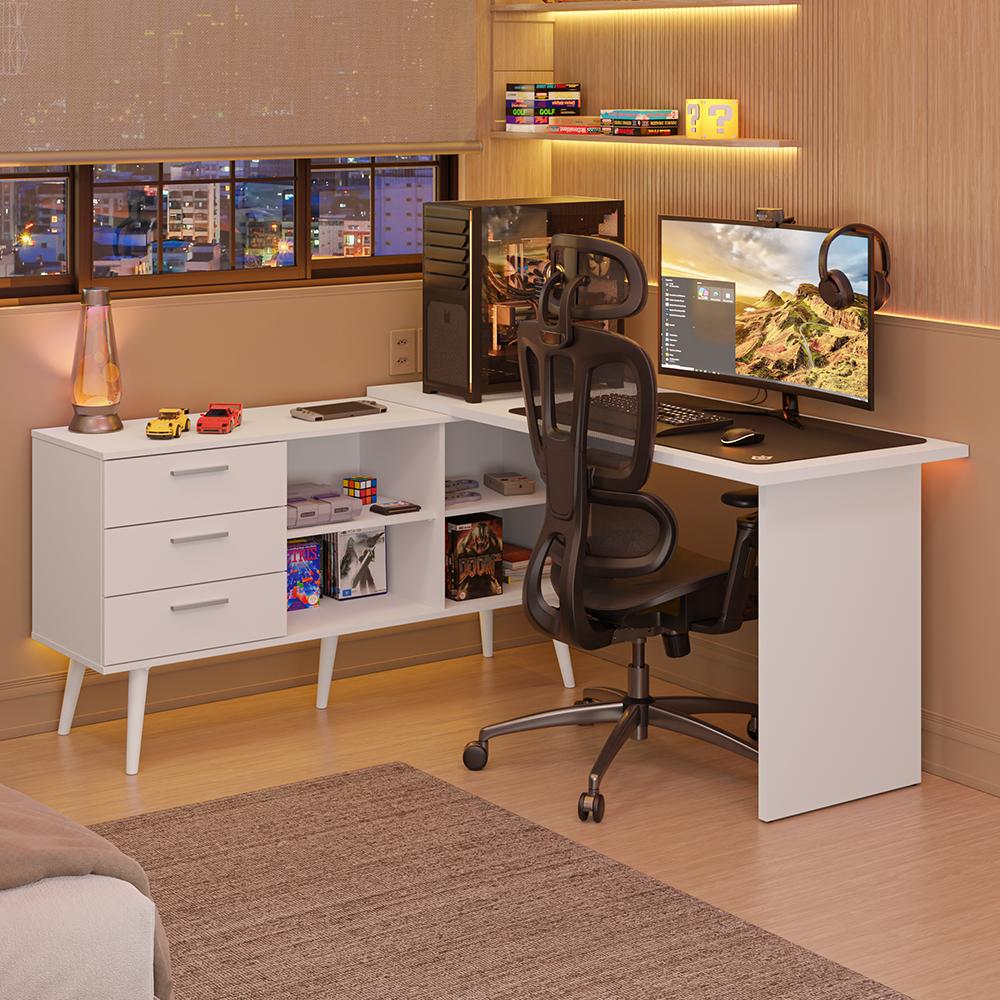 Miniatura Escrivaninha Em L Mesa Para Computador Gamer 3 Gavetas Lisboa Madesa Branco