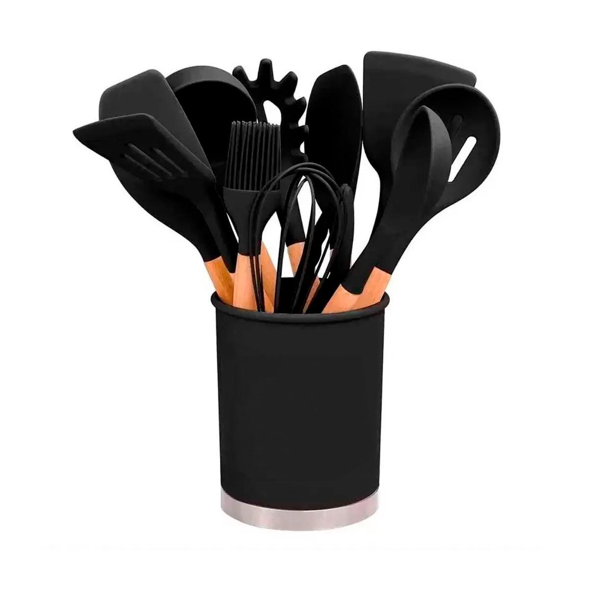 Miniatura Kit Utensílios Cozinha Silicone Colher Copo Suporte 12 Peças