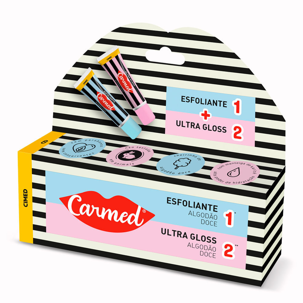 Miniatura Kit Hidratante Labial Carmed Esfoliante Algodão Doce 10g + Ultra Gloss Carmed Algodão Doce 10g