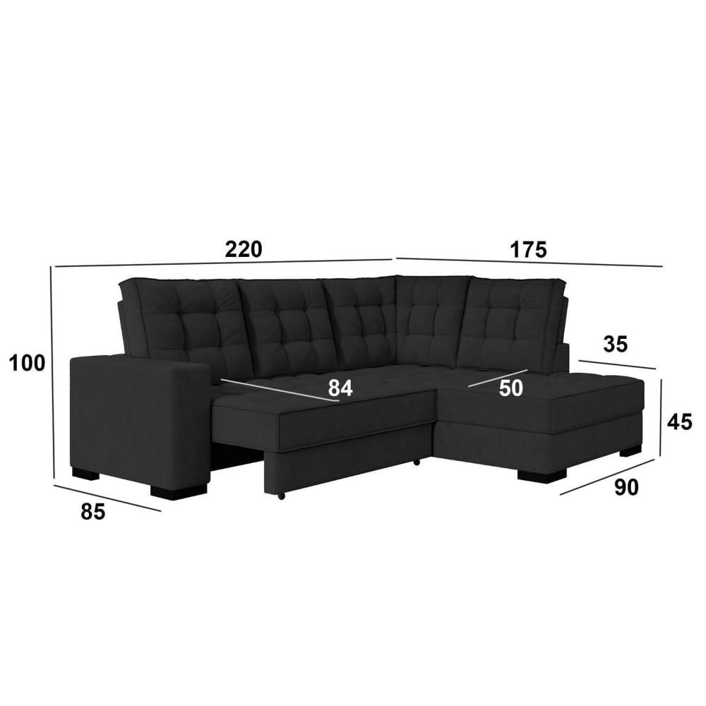 Miniatura Sofá Canto Retrátil e Reclinável Munique Tamanho 220cm X 175cm Preto