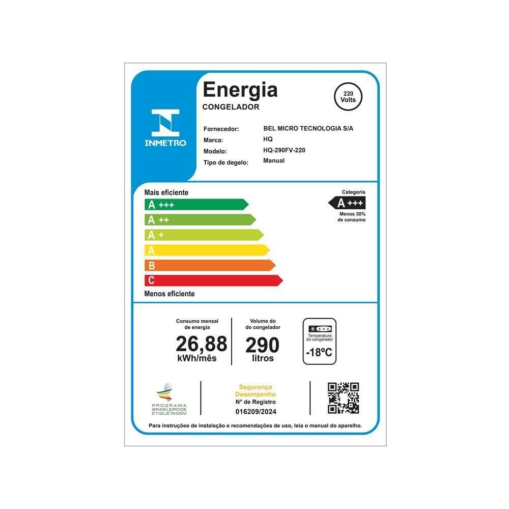 Freezer E Conservador Vertical HQ 290 Litros Branco HQ-290FV 220V