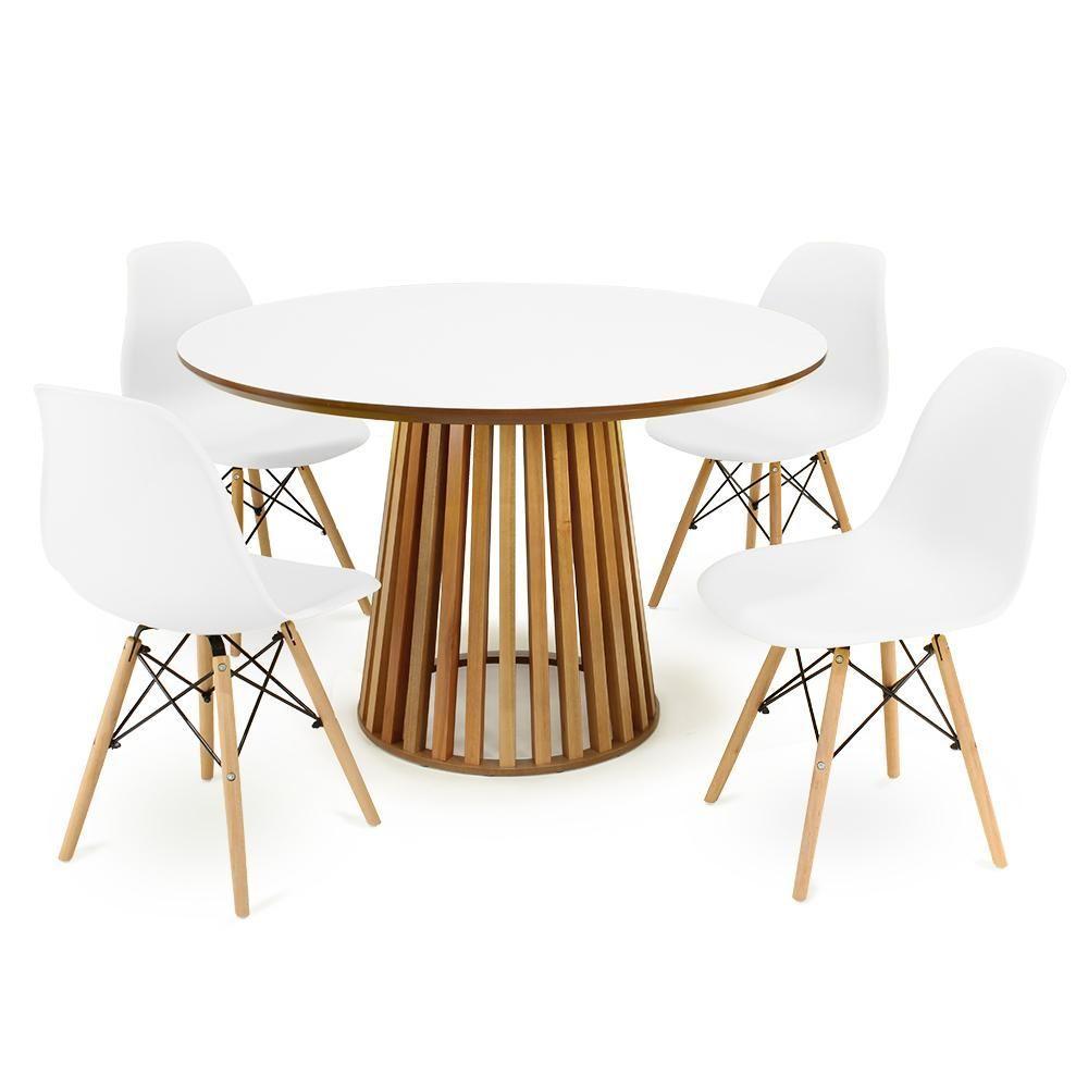 Miniatura Conjunto Mesa De Jantar Redonda Luana Amadeirada Branca 120cm Com 4 Cadeiras Eames Eiffel - Branco