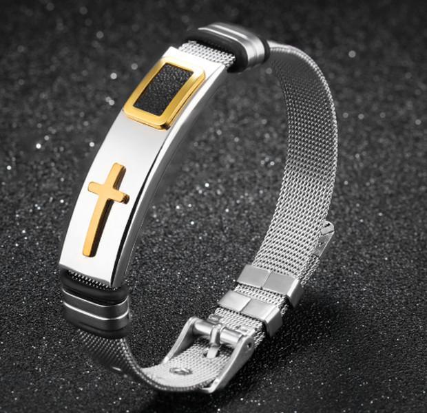 Miniatura Pulseira Masculina Bracelete Aço Cruz Dourada