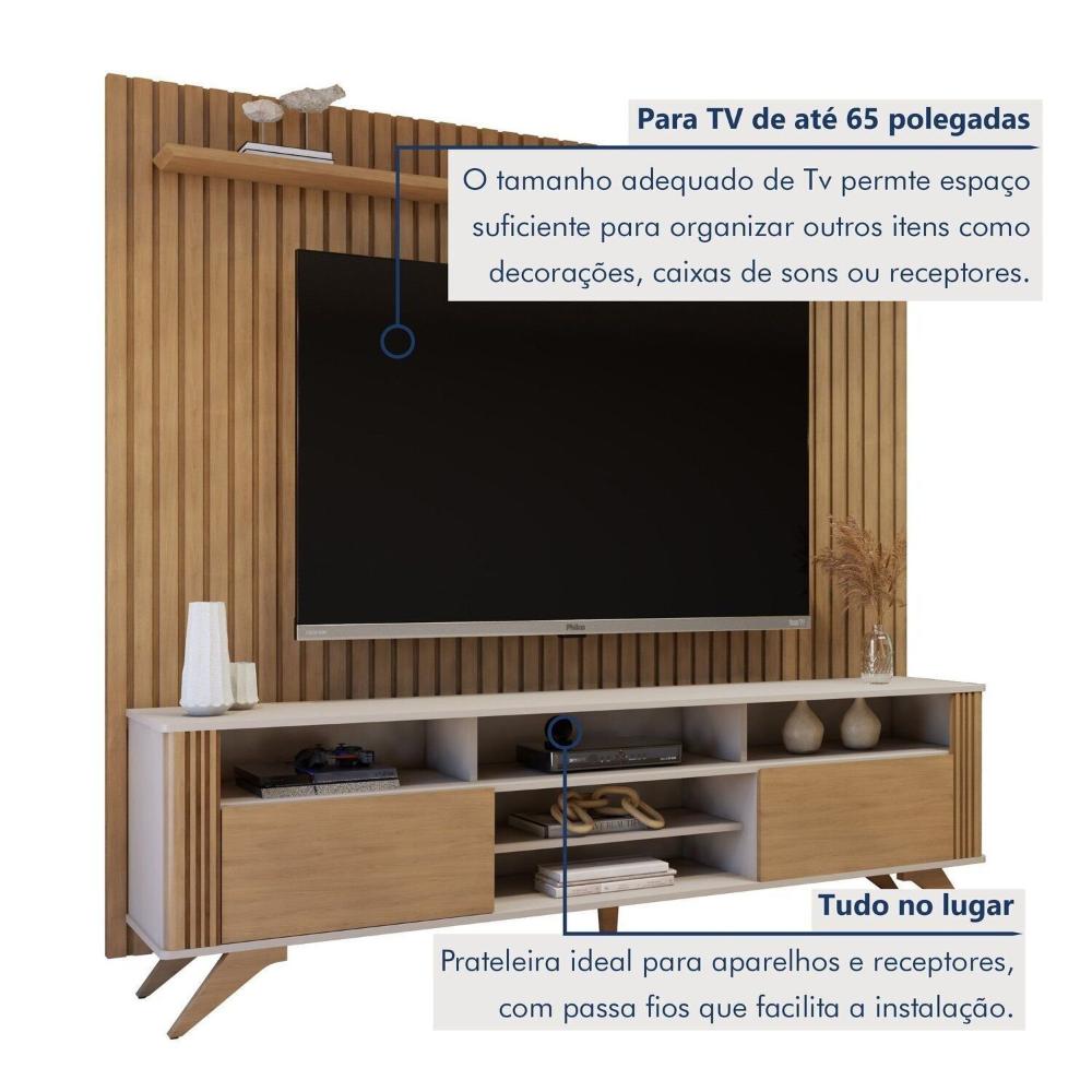 Rack Bancada Mariana Pés Madeira Maciça com Painel Vitória para TV até 65 Polegadas Off White/Cinamomo