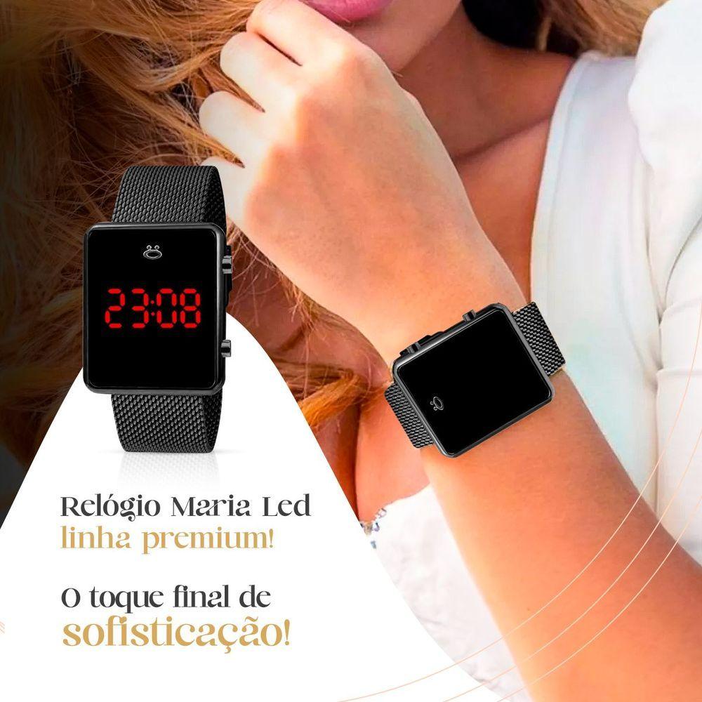 Miniatura Relogio Preto Digital Feminino + Brincos + Colar Strass Quadrado Casual Pulseira Ajustável Presente