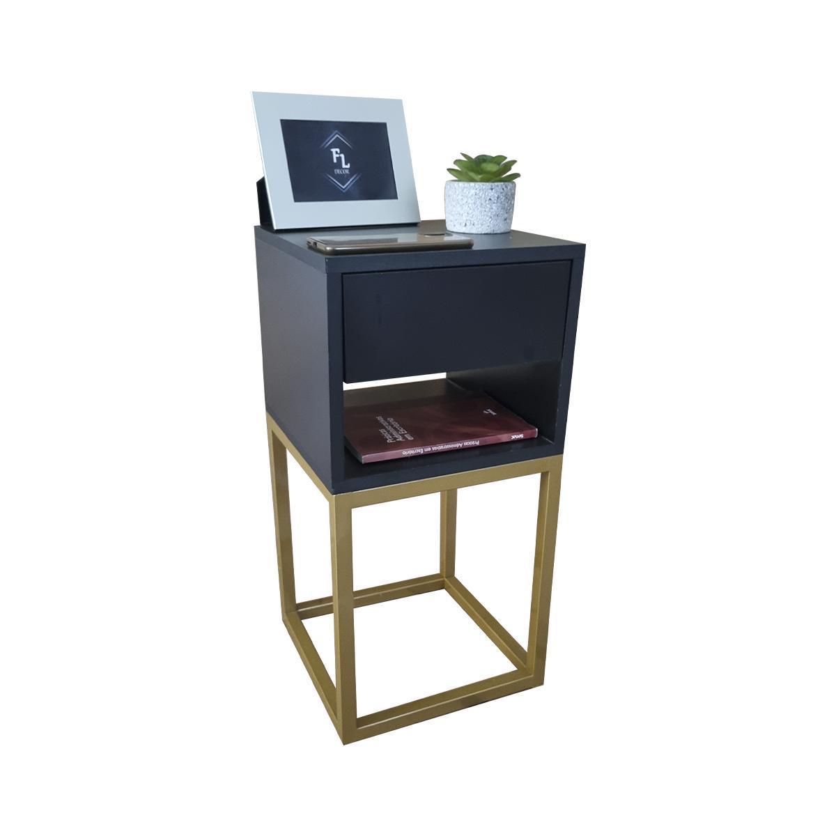 Miniatura Kit 2 Mesas Cabeceira 30Cm Preto 1 Gaveta Metal Ind Dourado