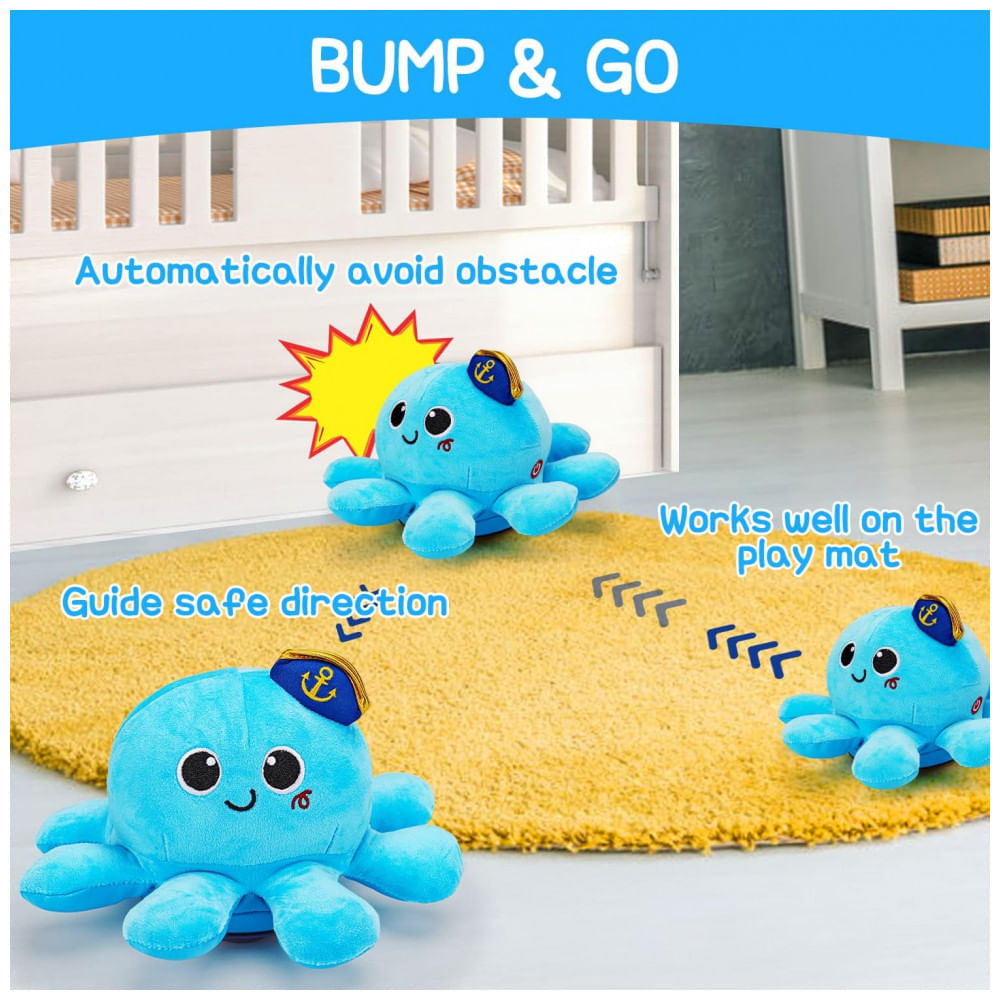 Miniatura Polvo musical de pelúcia azul Tsomtto T899 com luz, fala gravada e movimento para engatinhar e caminhar