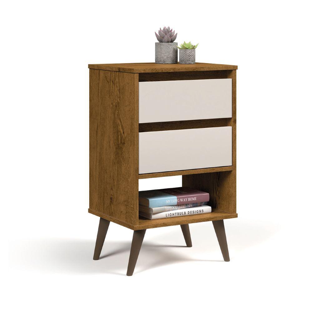 Miniatura Mesa De Cabeceira Taurus 2 Gavetas 1 Nicho Pés De Madeira Retrô Freijó / Off White Ej Móveis Freijo Off White