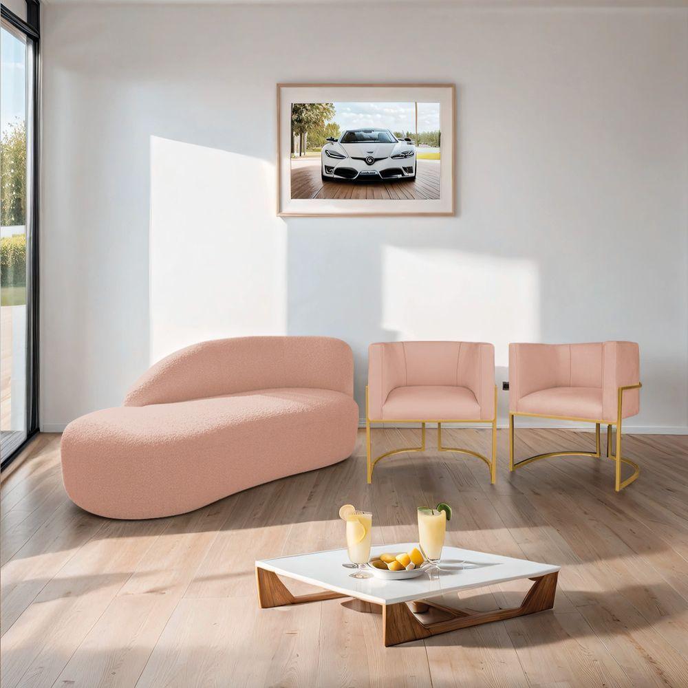 Kit Divã Luna 185cm Lado Esquerdo E 02 Poltronas Base De Ferro Dourado Suede Rosê