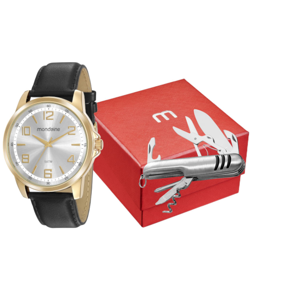 Miniatura Kit Relógio Masculino Social Dourado Canivete Multifuncional