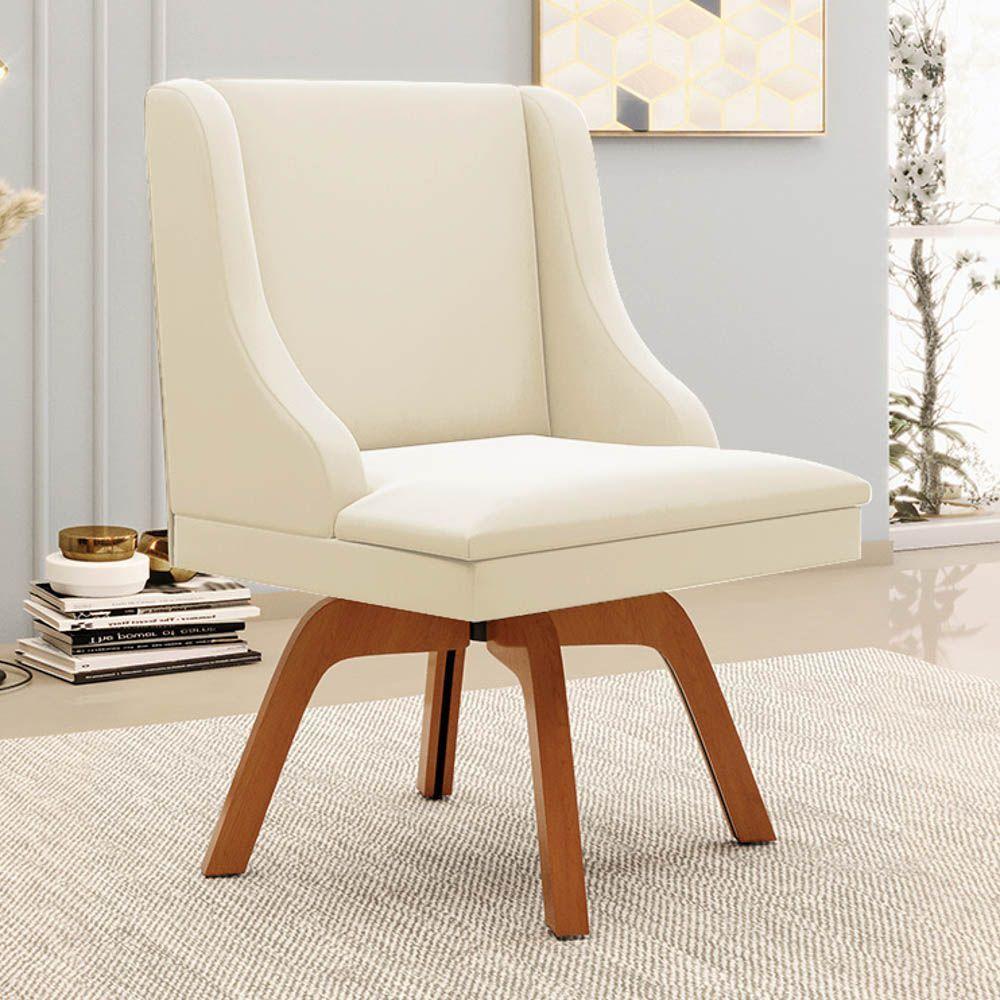 Kit 2 Cadeiras Estofadas Base Giratória De Madeira Lia Veludo Bege - Ibiza