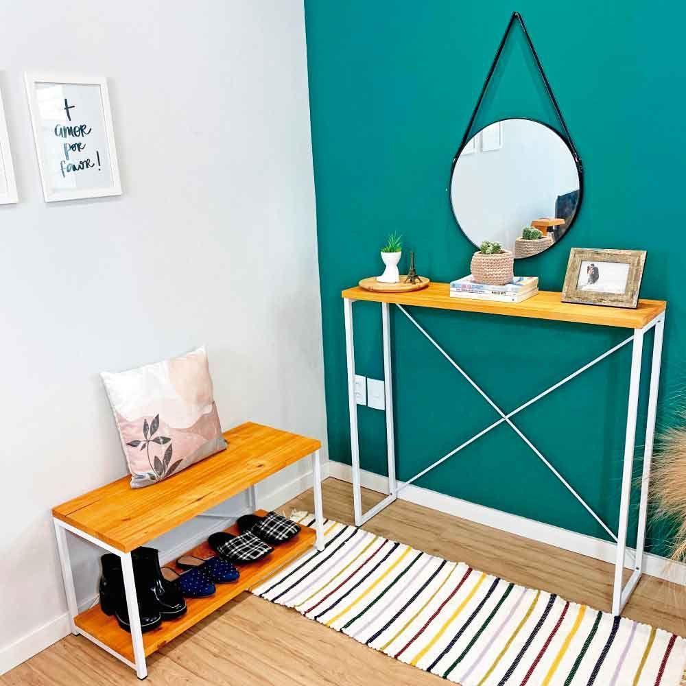 Sapateira Banco Style De Ferro E Madeira Industrial Carvalho E Branco