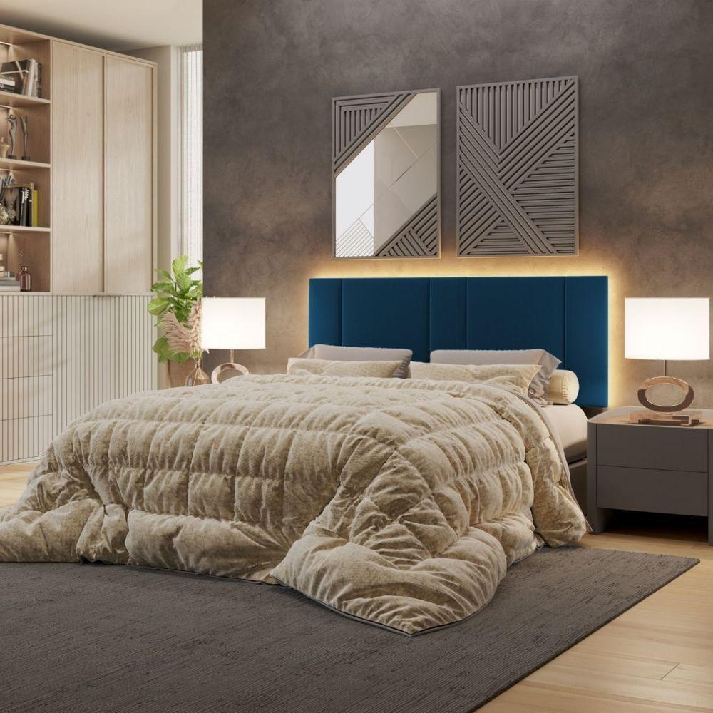 Miniatura Cabeceira Estofada Cama Casal Queen Size Led Star 160 Cm Bivolt veludo Azul Marinho