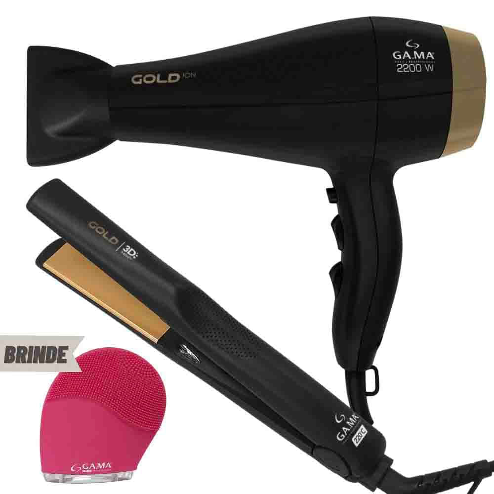 Miniatura Kit Secador e Prancha de Cabelo Gold + Brinde 220V Kit Prancha E Secador De Cabelo Gold + Brinde 220V