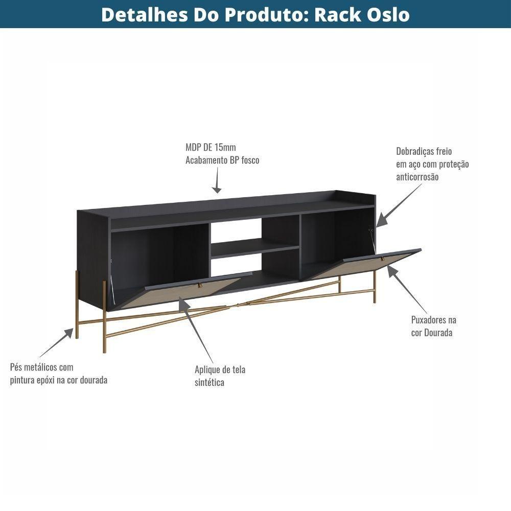 Miniatura Rack 2 Portas Oslo Artesano 183 Cm (largura) Mdp Nero Palha Sintética Bege Pé Metal Dourado