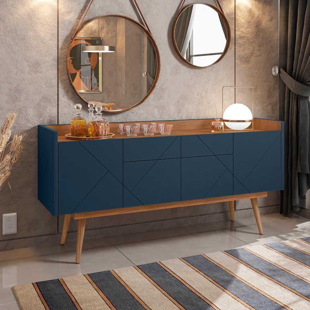 Aparador Buffet 4 Portas E 2 Gavetas Azul Cobalto Cedro