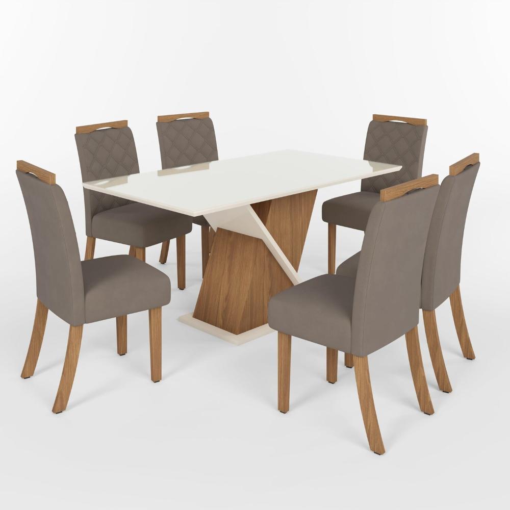 Miniatura Sala de Jantar Carla Mesa 160 Cm Canto Reto com Vidro 6 Cadeiras Espresso Móveis Nature/Off White/Marrom Amêndoa