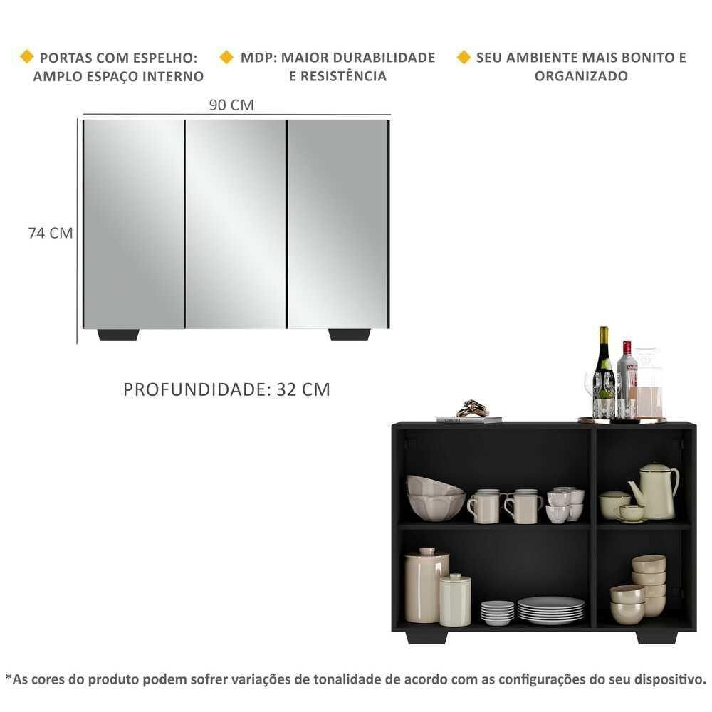 Aparador Buffet 2 Portas Com Espelho Vegas V3614 Preto