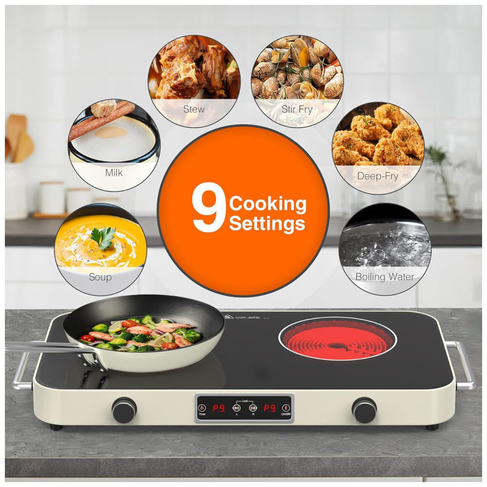 Cooktop Elétrico Portátil de Indução com 2 Bocas, 9 Níveis de Potência, Temporizador, 2 Alças, Controle de Botão e Trava de Segurança para Crianças, 110v