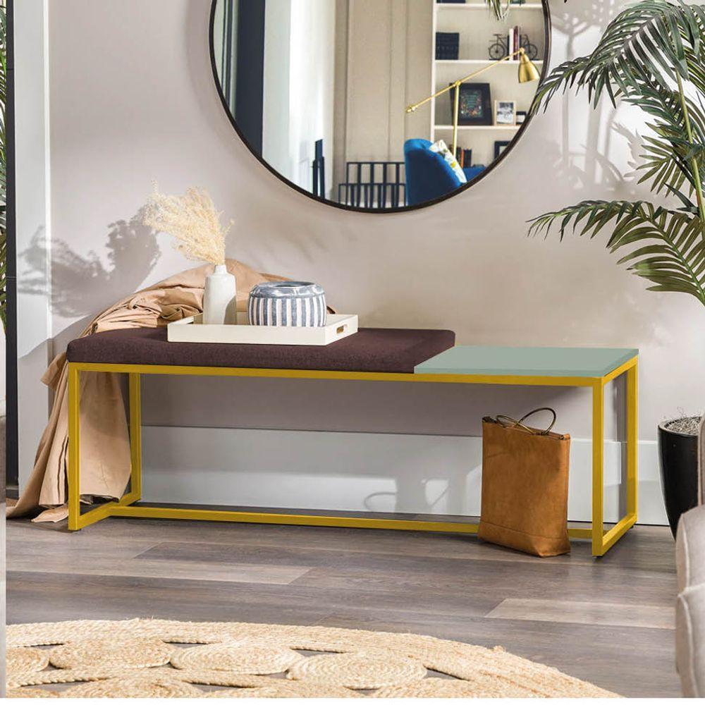 Miniatura Banco Recamier Puff 160cm Industrial Dourado Corino Marrom Tampo Quadrado Mdf Verde