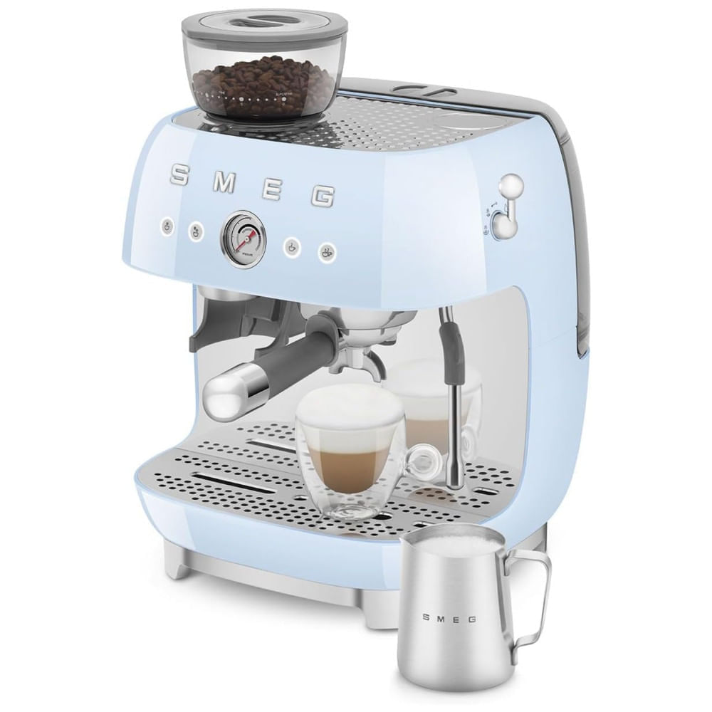 Miniatura Cafeteira Espresso Semiautomática Smeg Retro, EGF03PBUS, Azul Pastel