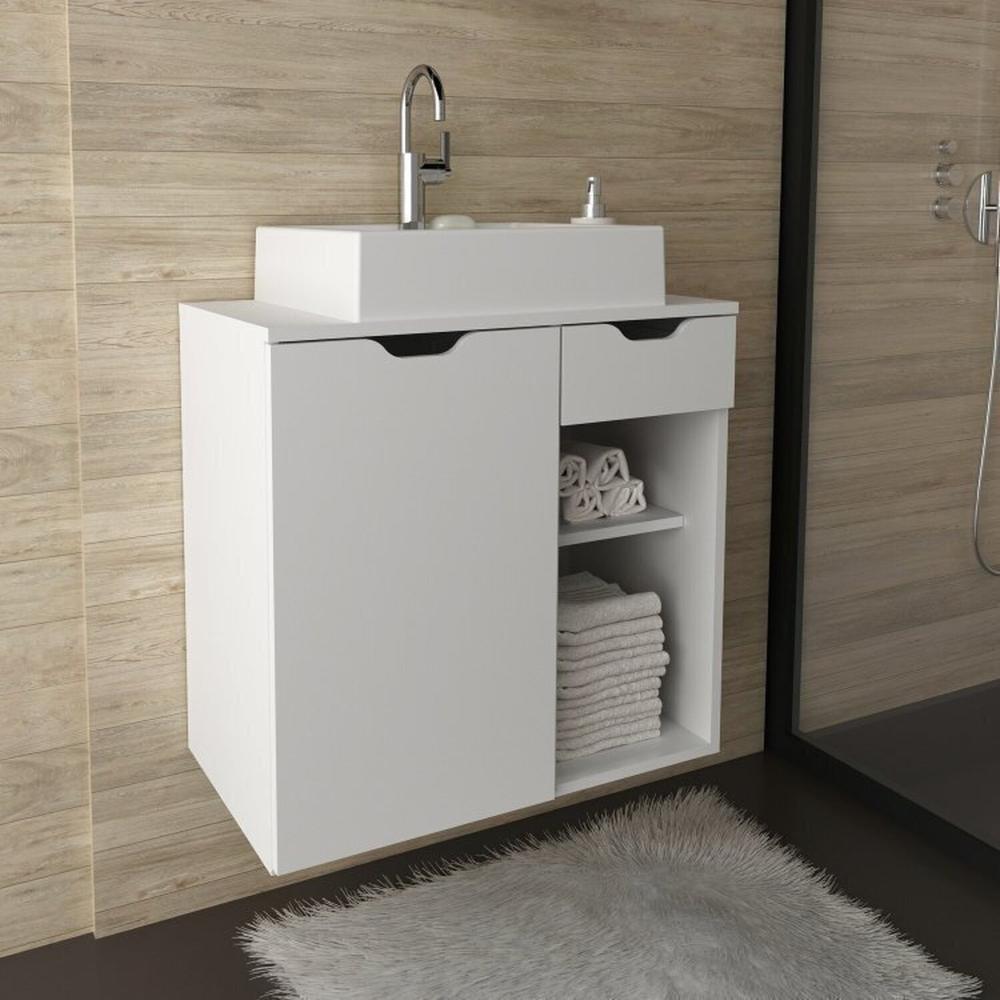Miniatura Conjunto de Banheiro com Gabinete Suspenso 60cm e Espelheira 3 Nichos Mármore/Branco
